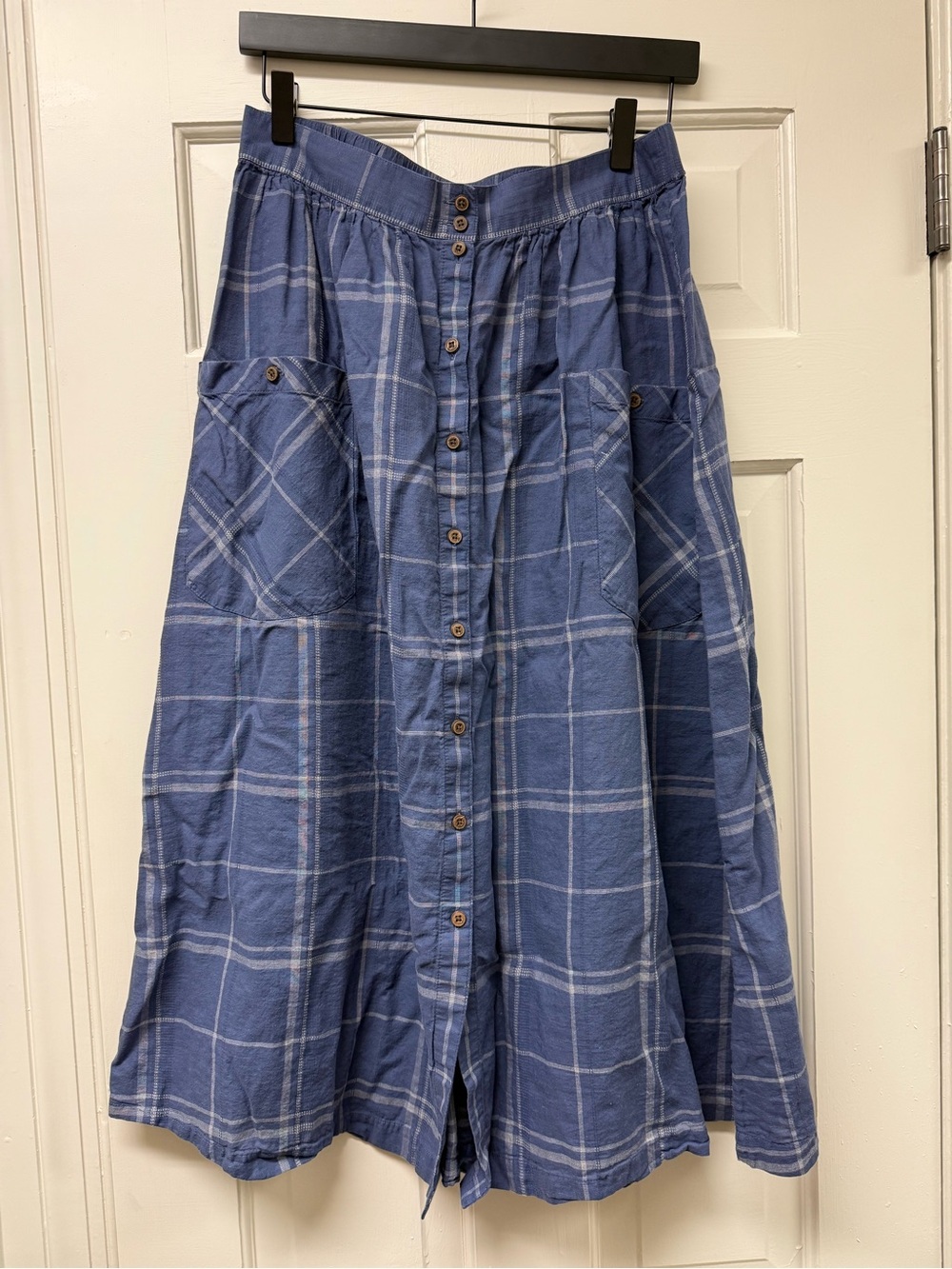 Patagonia Blue Plaid Button-Front Midi Skirt